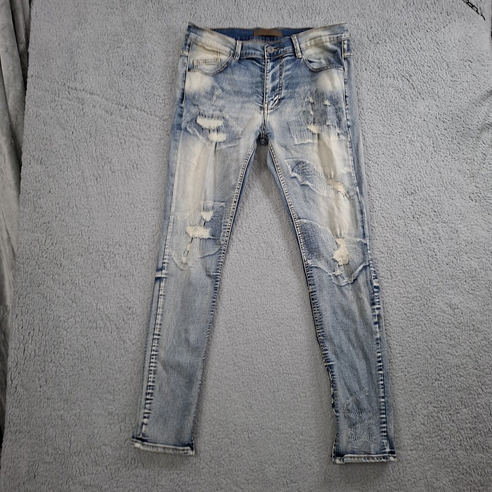 KDNK Distress Ripped Stacked Skinny Jeans Mens Size 34 Ankle Zip Grunge Y2K MOTO